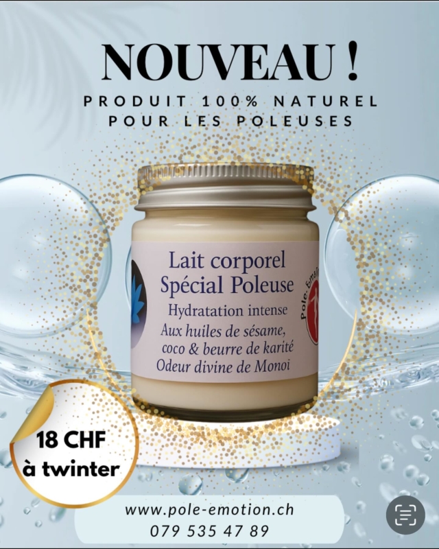 🌺 NOUVEAUTÉ POUR NOS POLEUSES GLOWY 🌺
Hydrate ton corps comme il hydrate ton flow ✨

On a bossé en coulisses avec le mini labo magique de Magali pour te concocter une crème corporelle spéciale poleuses 🖤
Pensée pour les corps qui tournent, glissent, crissent et brillent ✨

💧 Hydratation légère ou intense selon tes envies (et tes jambes après le grip !)
🌸 Senteur Monoï — parce que même si t’es en Suisse, ton corps mérite les tropiques
🤝 Collab locale 100% amour et artisanat
💸 18 CHF – à twinter direct, facile et rapide !

À glisser dans ton sac pole, à utiliser après la douche ou avant un moment cocooning post-training. Ton corps va dire merci, ta peau va kiffer, et ton nez aussi.

➡️ Prête à t’envelopper de douceur et de soleil ? Twinte-moi pour ta crème 🌞
